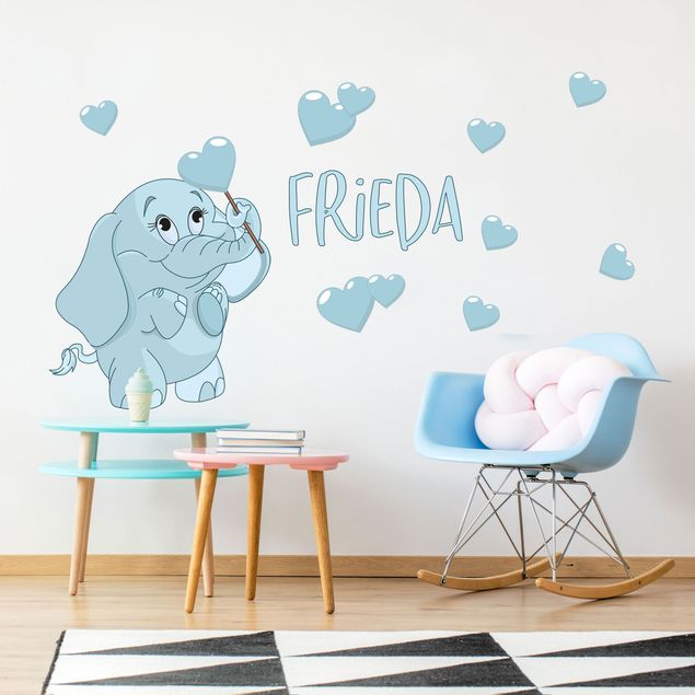 Muurstickers dieren Blue baby elephant with many hearts