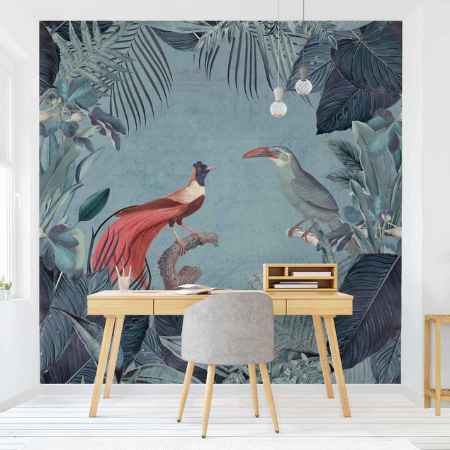Fotobehang Blue Gray Paradise With Tropical Birds