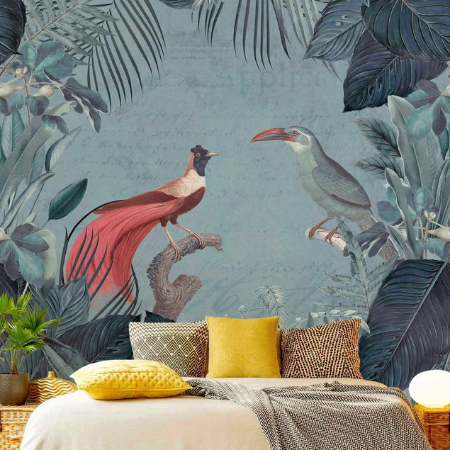 Fotobehang Blue Gray Paradise With Tropical Birds