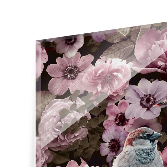 Glasschilderijen Floral Paradise Sparrow In Antique Pink