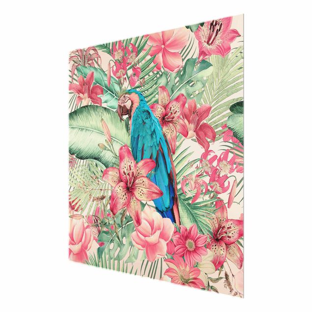 Glasschilderijen Floral Paradise Tropical Parrot