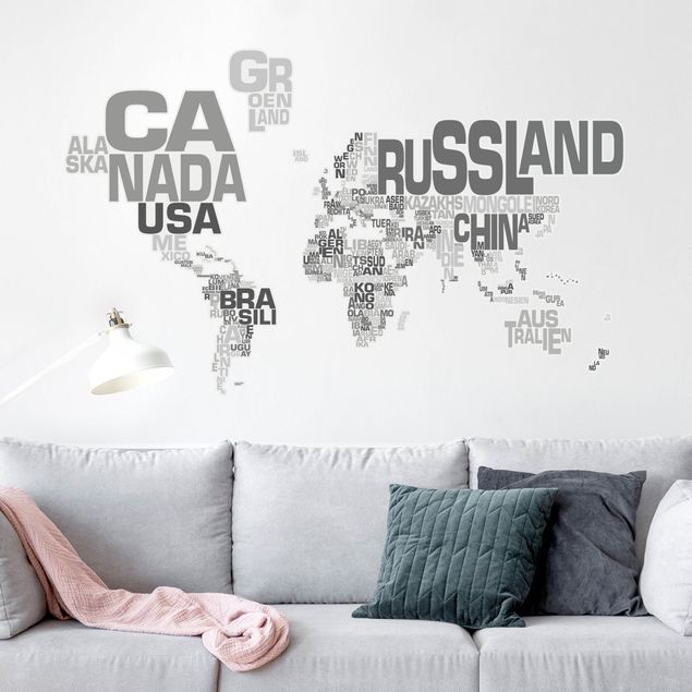 Muurstickers wereldkaart Letters world map gray