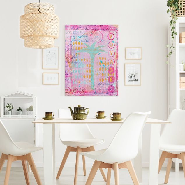 Canvas schilderijen Colourful Collage - Bon Voyage With Palm Tree