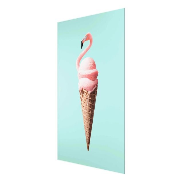 Glasschilderijen Ice Cream Cone With Flamingo