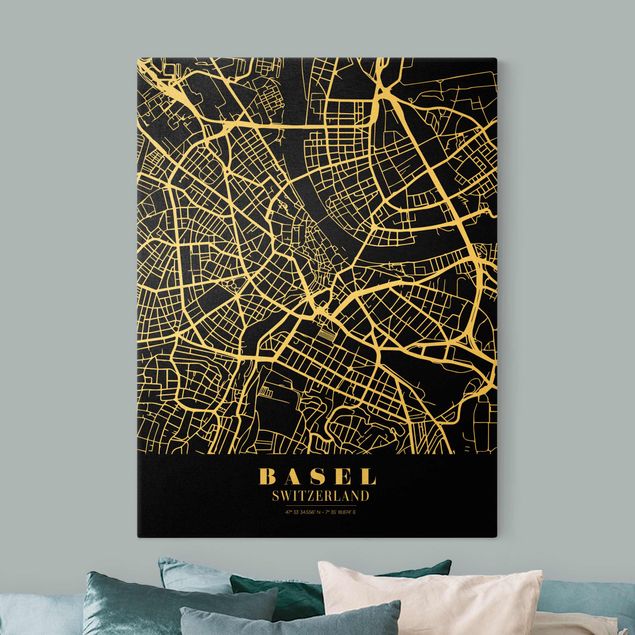 Canvas schilderijen - Goud Basel City Map - Classic Black