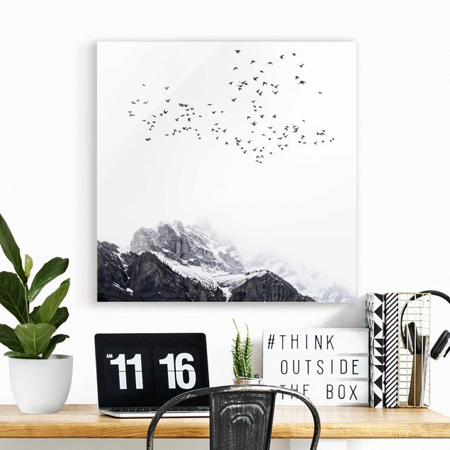 Glas Magnetboard Flock Of Birds In Front Of Mountains Black And White