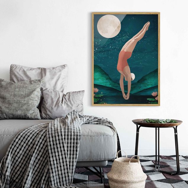 Ingelijste posters Illustration Bather Woman Moon Painting