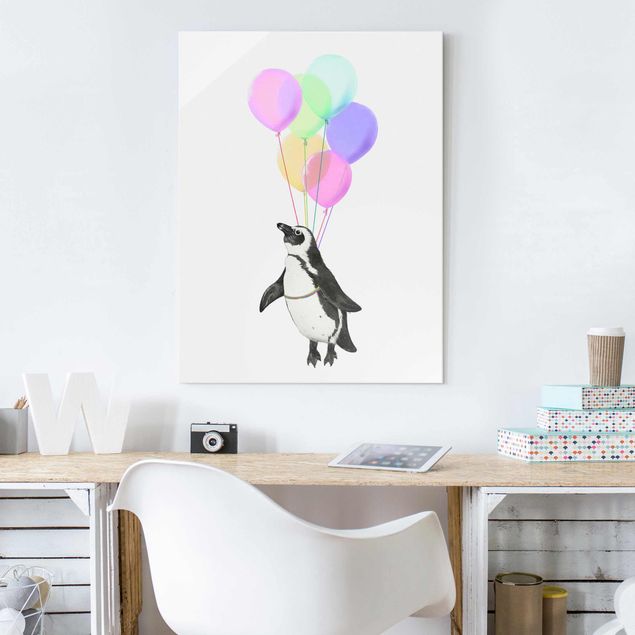 Glas Magnetboard Illustration Penguin Pastel Balloons
