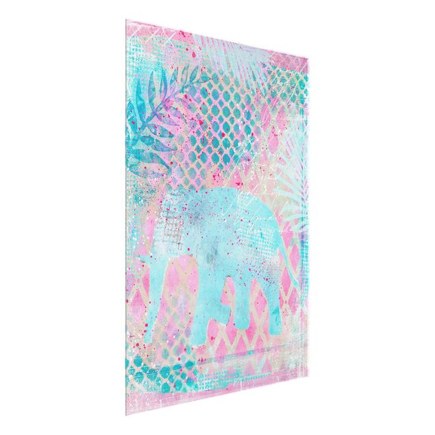 Glasschilderijen Colourful Collage - Elephant In Blue And Pink