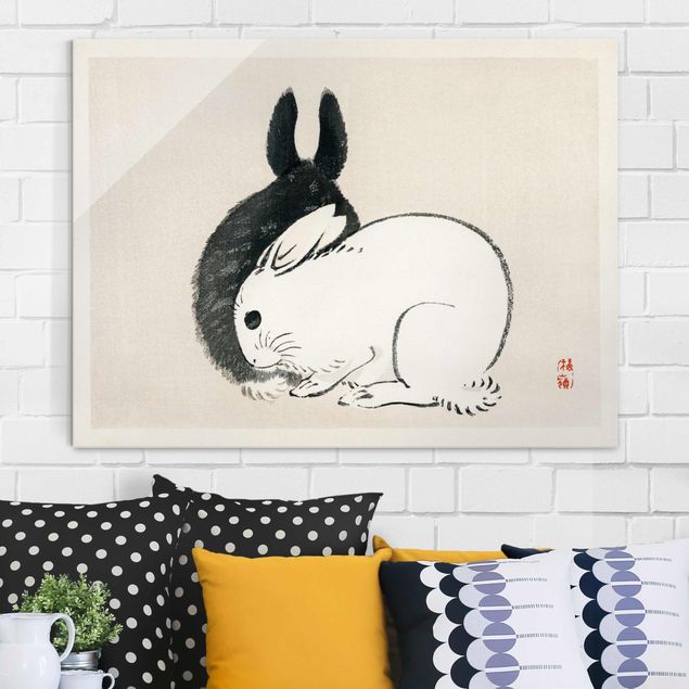 Glas Magnetboard Asian Vintage Drawing Two Bunnies