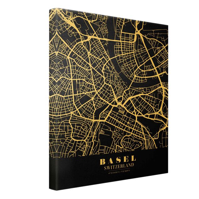 Canvas schilderijen - Goud Basel City Map - Classic Black