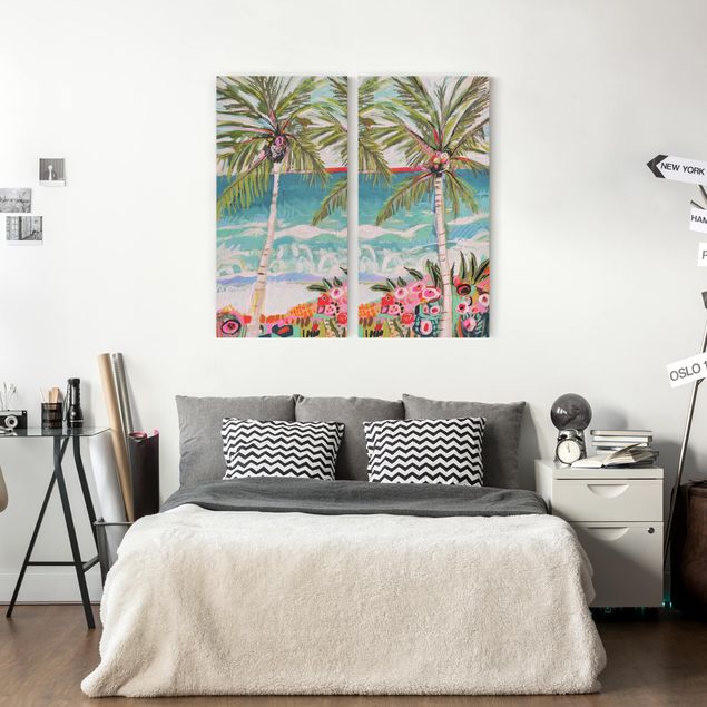 Canvas schilderijen - 2-delig  Palm Tree With Pink Flowers Set I