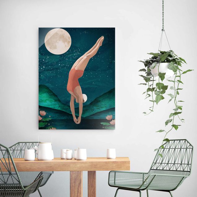 Glas Magnettafel Illustration Bather Woman Moon Painting