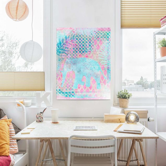 Glasschilderijen Colourful Collage - Elephant In Blue And Pink