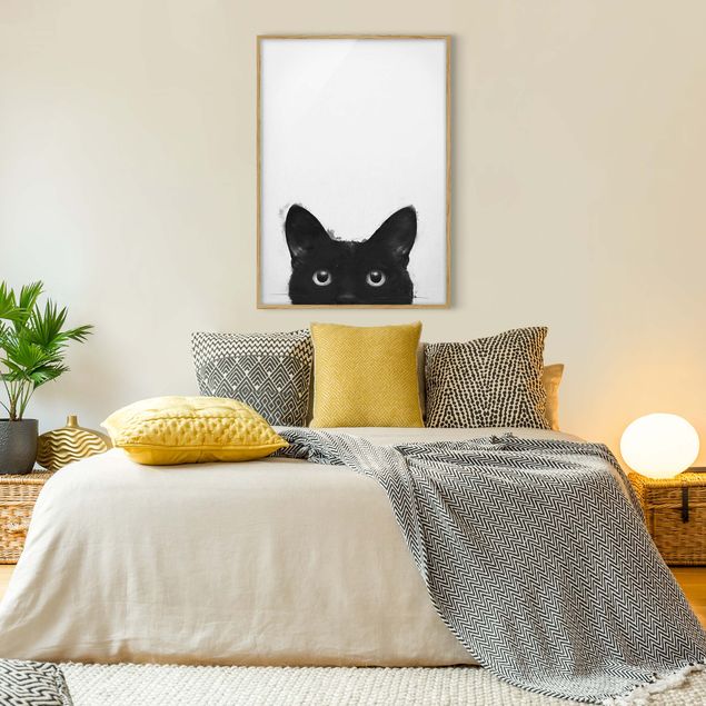 Ingelijste posters Illustration Black Cat On White Painting