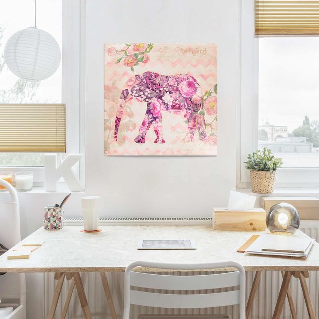 Glasschilderijen Vintage Collage - Pink Flowers Elephant