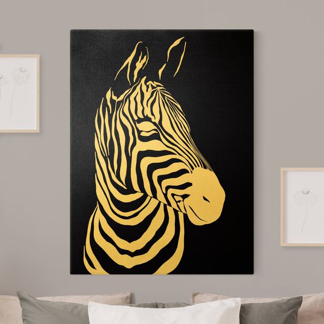 Canvas schilderijen - Goud Safari Animals - Portrait Zebra Black