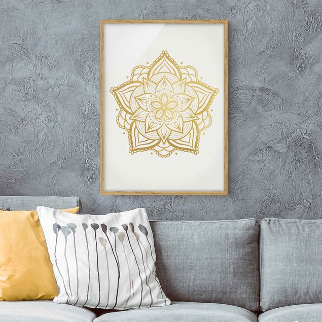 Ingelijste posters Mandala Flower Illustration White Gold