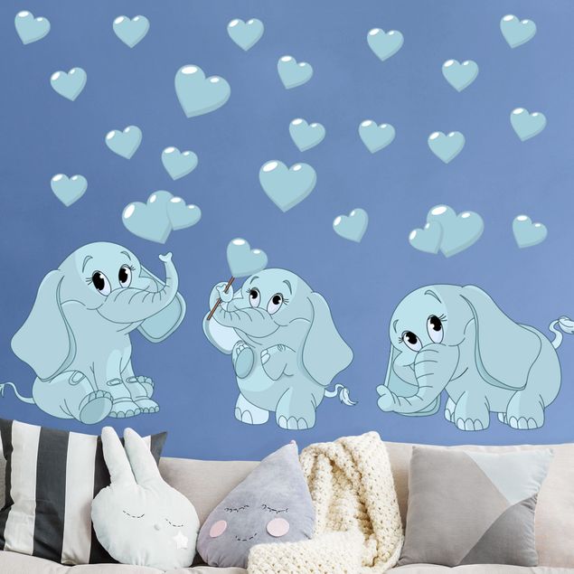 Muurstickers dieren Three blue elephant babies with hearts