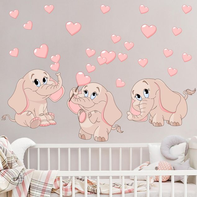 Muurstickers dieren Three pink elephant babies with hearts