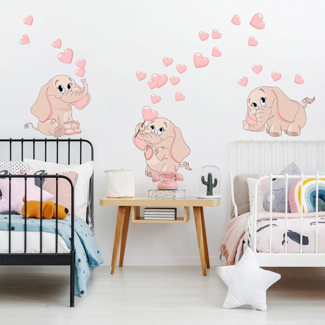 Muurstickers liefde Three pink elephant babies with hearts