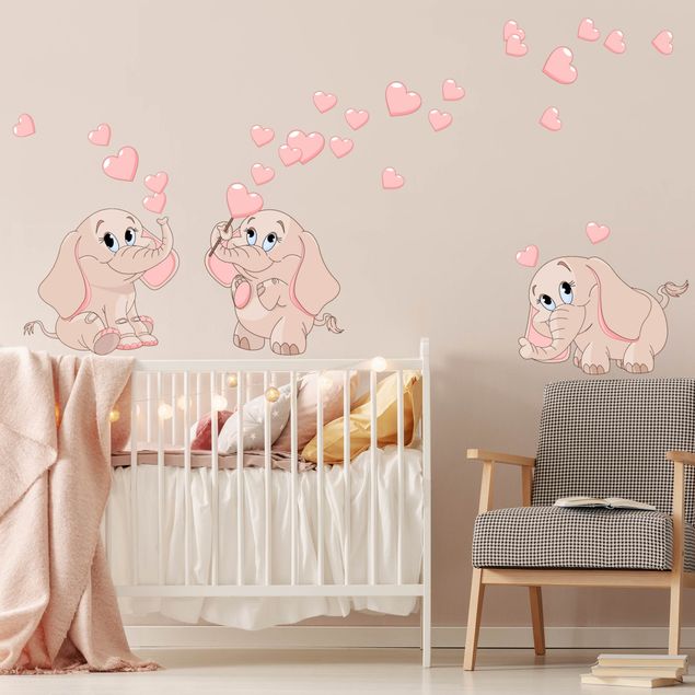 Muurstickers harts Three pink elephant babies with hearts