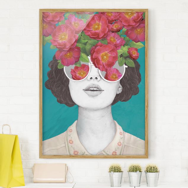 Ingelijste posters Illustration Portrait Woman Collage With Flowers Glasses