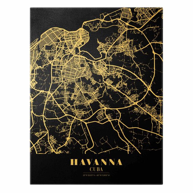 Canvas schilderijen - Goud Havana City Map - Classic Black