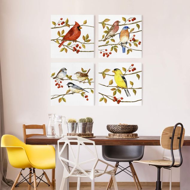 Canvas schilderijen - 4-delig Birds And Berries Set II