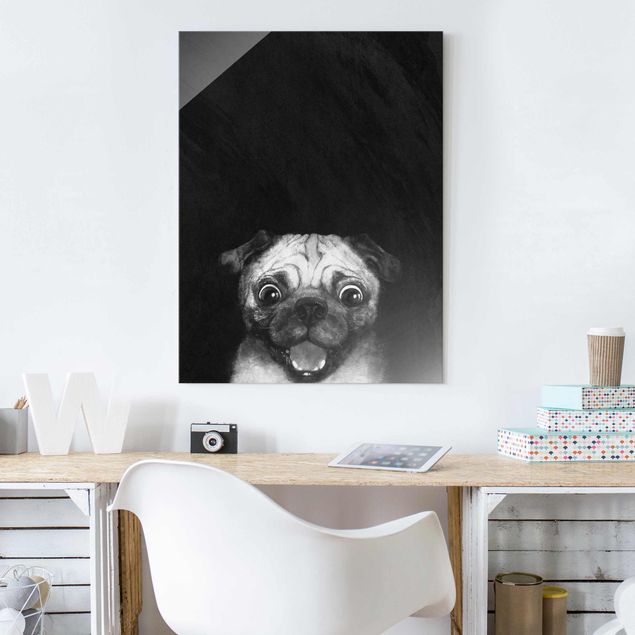 Glas Magnettafel Illustration Dog Pug Painting On Black And White