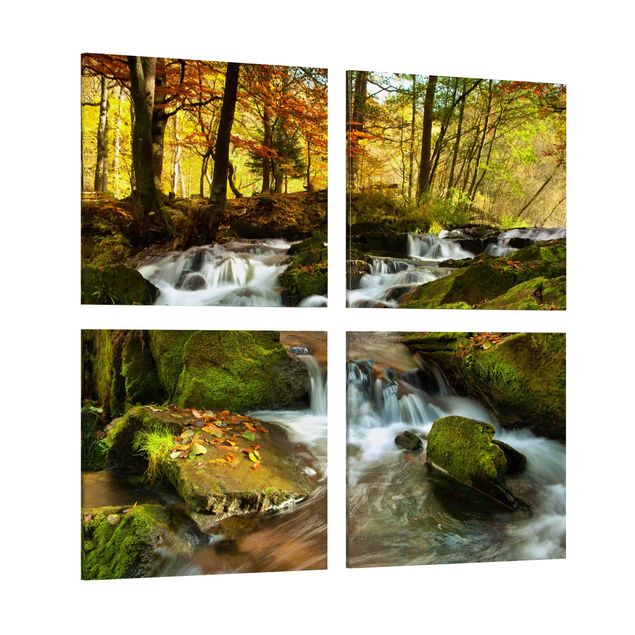 Canvas schilderijen - 4-delig Waterfall Autumnal Forest