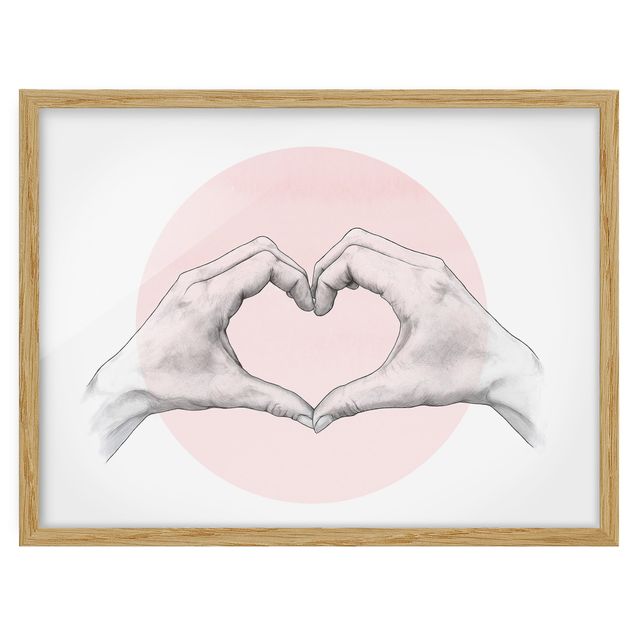 Ingelijste posters Illustration Heart Hands Circle Pink White