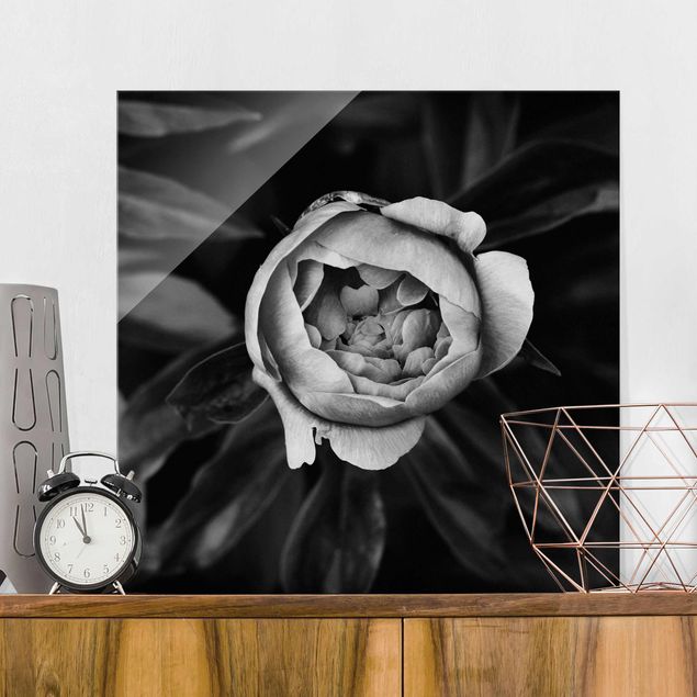 Glasschilderijen Peonies In Front Of Leaves Black And White