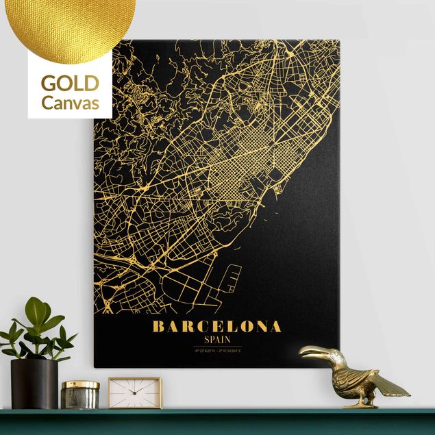 Canvas schilderijen - Goud Barcelona City Map - Classic Black