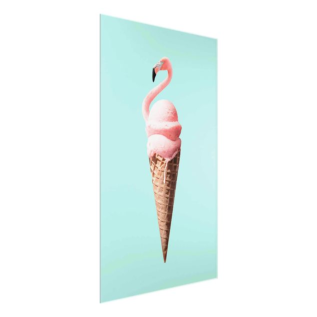 Glasschilderijen Ice Cream Cone With Flamingo