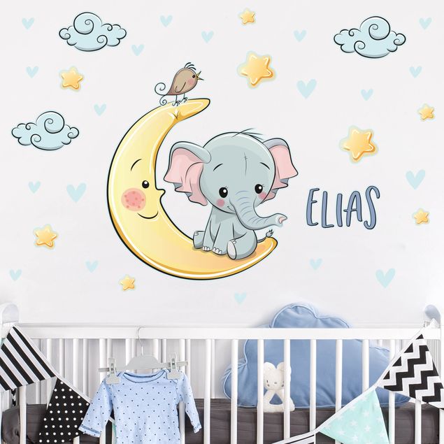 Muurstickers olifant Elephant moon with desired name