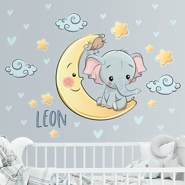 Muurstickers vogels Elephant moon with desired name
