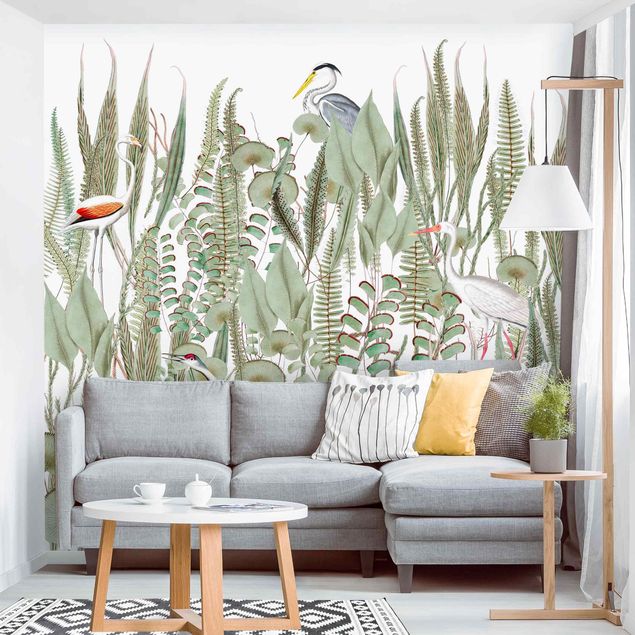 Fotobehang Flamingo And Stork With Plants