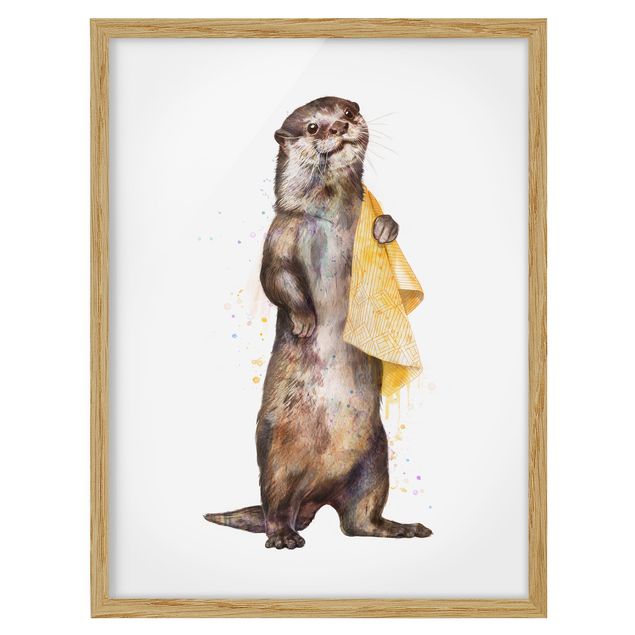 Ingelijste posters Illustration Otter With Towel Painting White