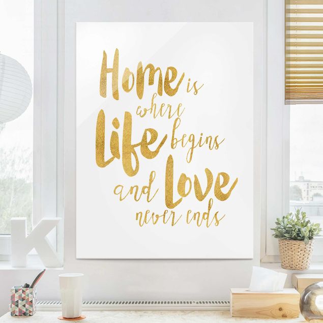Glas Magnettafel Home Is Where Life Begins Gold