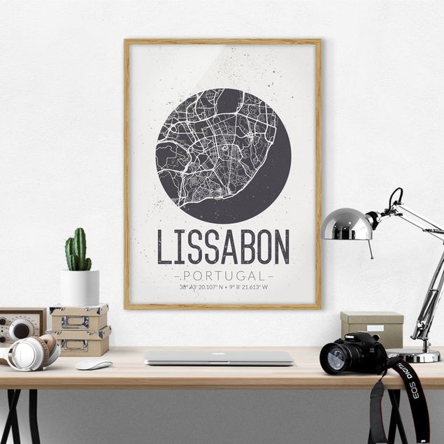 Ingelijste posters Lisbon City Map - Retro