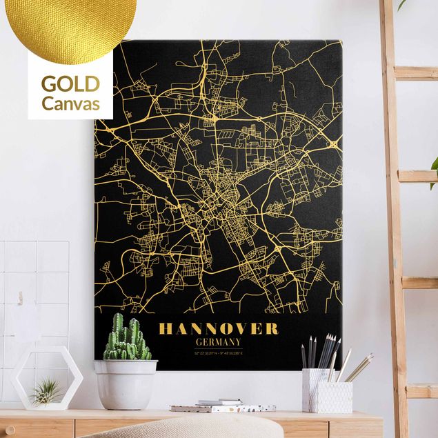 Canvas schilderijen - Goud Hannover City Map - Classic Black