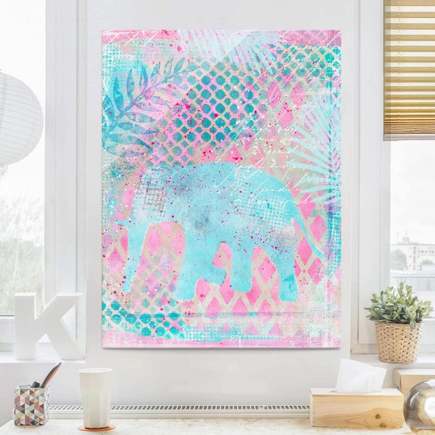 Glas Magnetboard Colourful Collage - Elephant In Blue And Pink