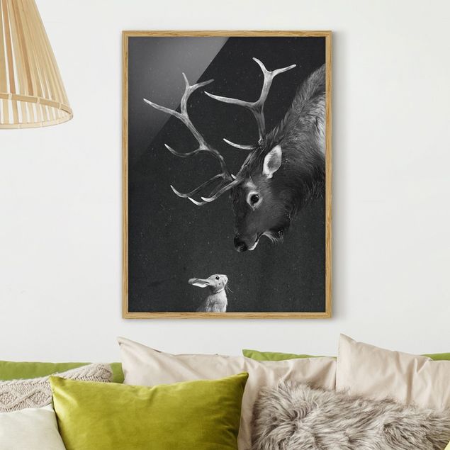 Ingelijste posters Illustration Deer And Rabbit Black And White Drawing