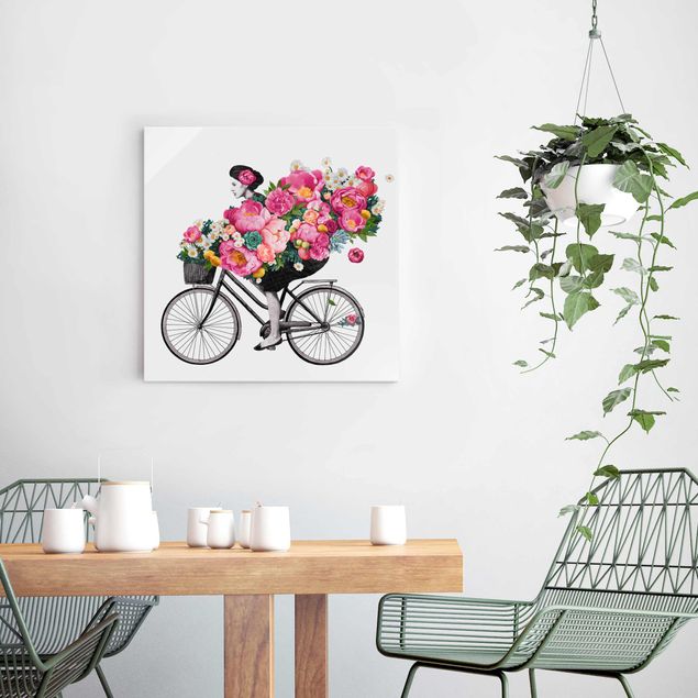 Glas Magnettafel Illustration Woman On Bicycle Collage Colourful Flowers