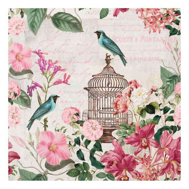 Glasschilderijen Shabby Chic Collage - Pink Flowers And Blue Birds