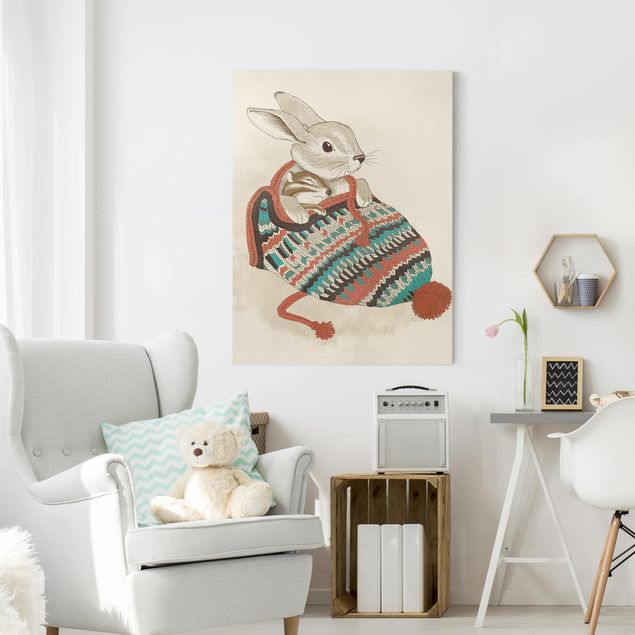 Canvas schilderijen Illustration Cuddly Santander Rabbit In Hat
