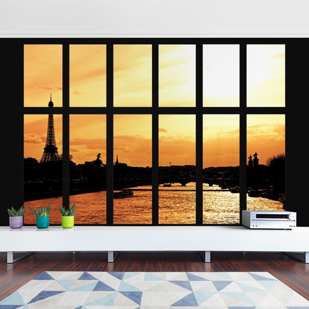 Fotobehang Window Eiffel Tower Paris Sunrise