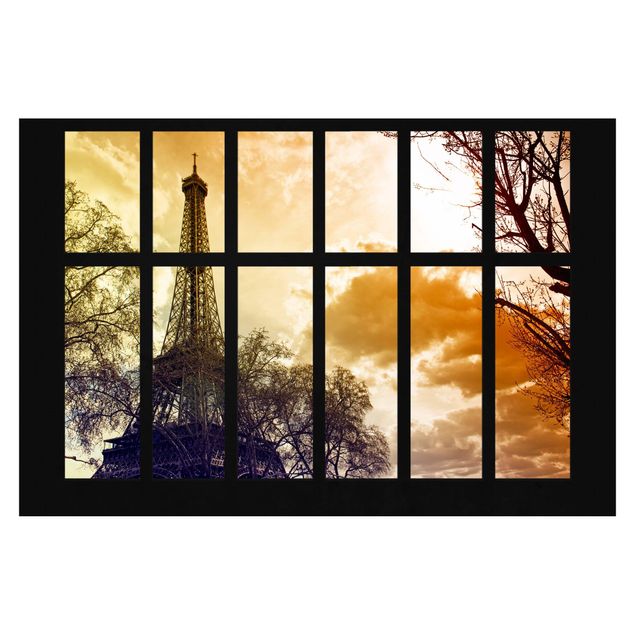 Fotobehang Window Sunrise Paris Eiffel Tower