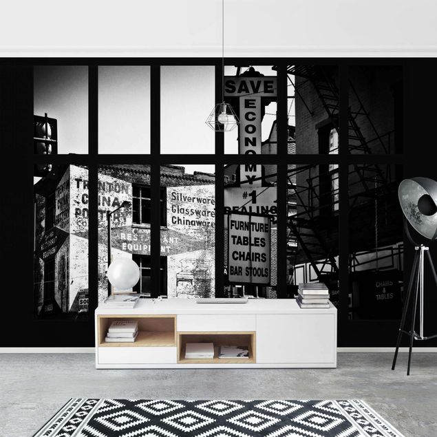 Fotobehang Window View American Building Facade In Black And White